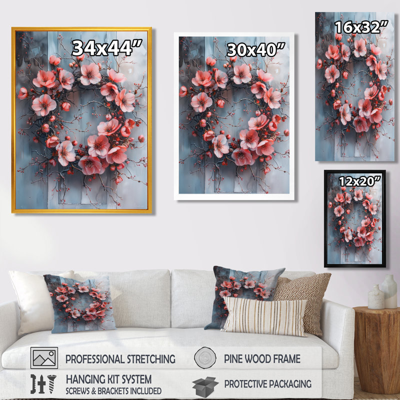 Décoration murale couronne rose et murmures roses et blanches II, H 12 po x l 20 po, Encadrement argenté