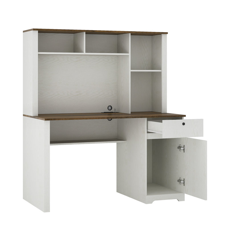Bureau d'ordinateur avec huche et bibliothèque (sans les chaises de bureau), Brun, Blanc