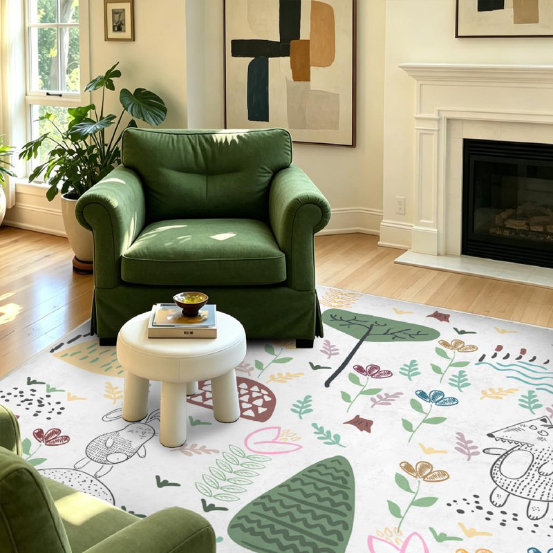 Clear Summer Forest Cute Animals Woodland Animal Art Autumn Baby Bear Machine Washable Indoor Area Rug, Rectangle 55" x 79"