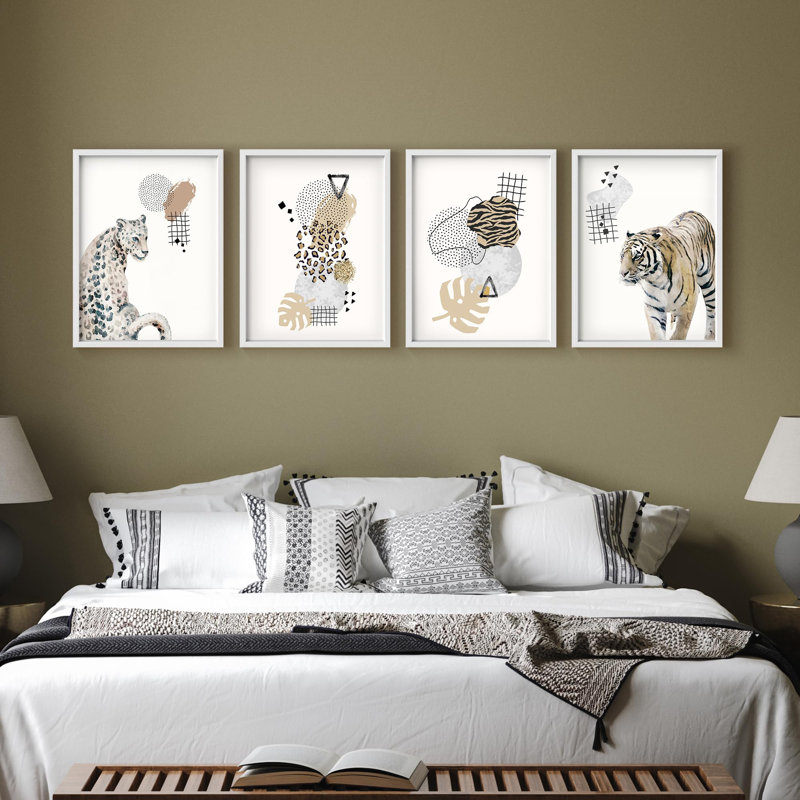 "Guépard dans la jungle, tigre et géométrie, nature, désert, décor moderne", 4 pièces, Blanc, H 14 po x l 11 po