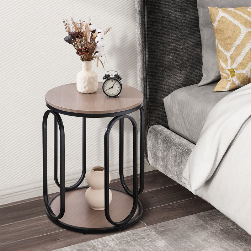 Carnforth 24.4"H Round End Table with Storage, Cream Brown Wood
