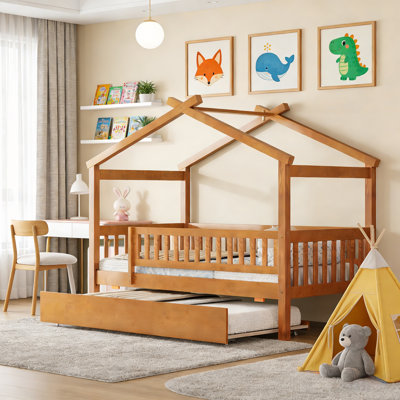 Twin Size Wooden House Bed With Trundle