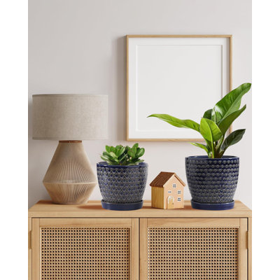 Set Of 2 Blue Ceramic Plant Pots