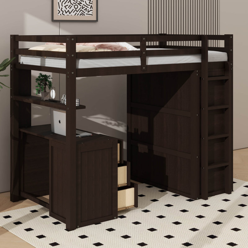 Lit mezzanine polyvalent avec tiroirs de rangement intégrés, bureau de travail spacieux et armoire de style armoire, Espresso