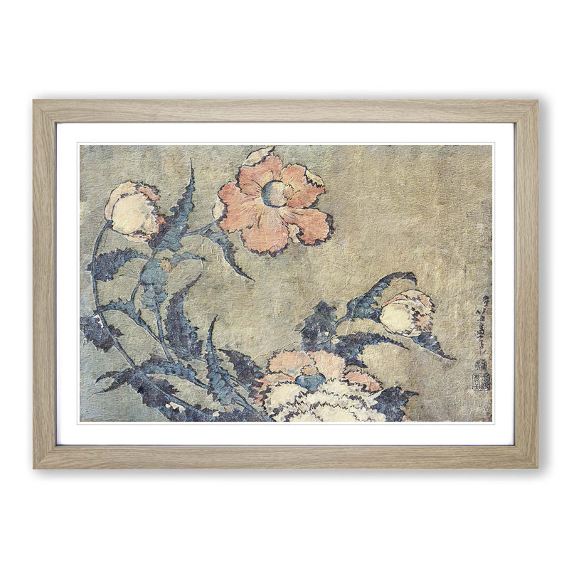 Poppies in the Wind by Katsushika Hokusai - Picture Frame Painting Print, 27cm H x 36cm W x 2cm D, Oak Framed