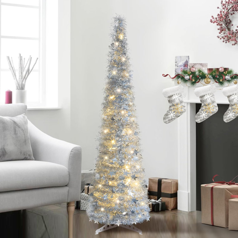 Arbre de Noël 5 pi avec lumières argentées, arbre de Noël escamotable escamotable