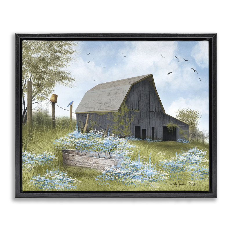 "Blue Floral Country Garden", art mural sur toile flottante par Billy Jacobs, H 17 po x l 21 po, Cadre flottant noir de jais