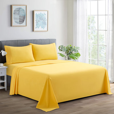 Marina Decoration 600 Thread Count Home Bedding Bedroom Soft Bedsheet Deep Pocket Hotel Standard Solid Percale All Season 4 Pieces Cotton Sheet Set with 2 Pillowcases, Yellow Colour Queen Size