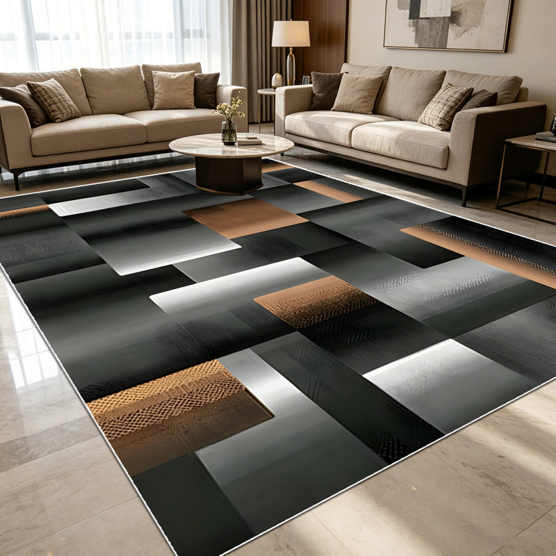 1PC Modern Geometric Metallic Wood Block Abstract area rugs for Living Room, Soft and Comfortable, Suitable for all seasons, easy-to-maintain, machine washable Indoor floor mat, Under Table Farmhouse suitable for dining area, entryway, bedroom, home
