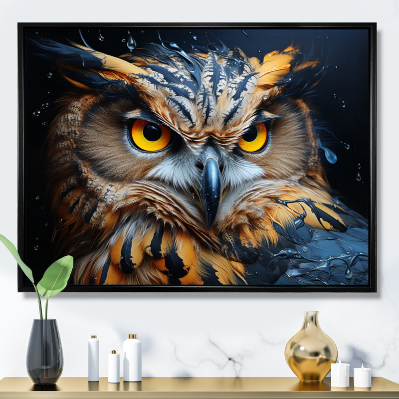 Hibou jaune hypnotisant III, Cadre flottant noir, H 24 po x l 32 po x P 1 po