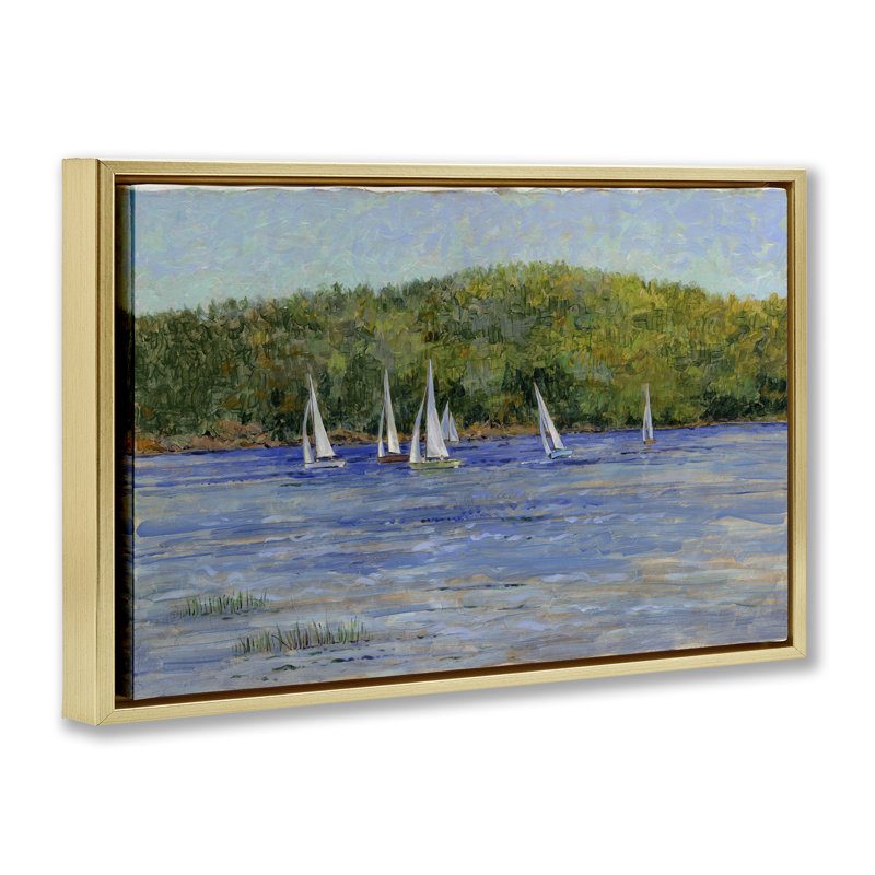 Art mural sur toile, "Flotteur à voile", par Tim Coffey, H 17 po x l 25 po, Cadre flottant métallique doré