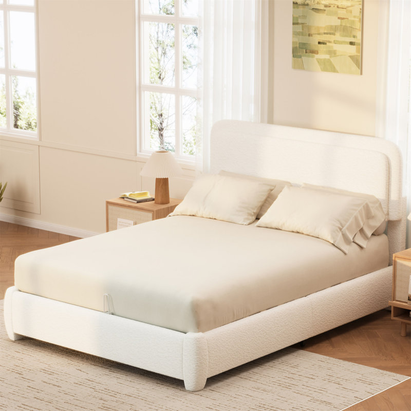 Structure de lit grand Boucle avec tête de lit à hauteur réglable, lit plateforme moderne avec tête de lit courbée, lit plateforme élégant en tissu bas Boucle, pas de sommier requis, assemblage facile