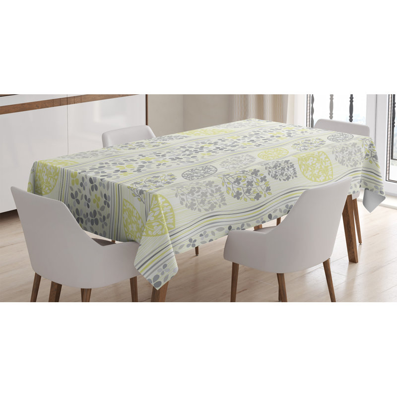 Grey Tablecloth, Leaves Motif With Stripes And Branches Creative Repetitive Plants Flower Fall Theme, Rectangular Table Cover For Dining Room Kitchen Decor, 52" X 70", Grey Green