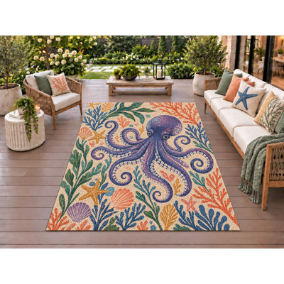 5' x 7' Outdoor Area Rug Reef Octopus Heavyweight Solid Waterproof PVC Coil Loop Carpet, Heavy Duty Patio Rug, Quick Dry Indoor Outdoor Mat for Porch Deck Balcony Entryway RV Camping.