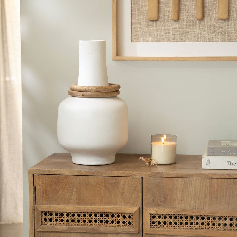 Contour Large Ecomix Table Vase with Wooden Ring Accents and Matte Finish, 17.7'' H X 9.8'' W X 9.8'' D, White