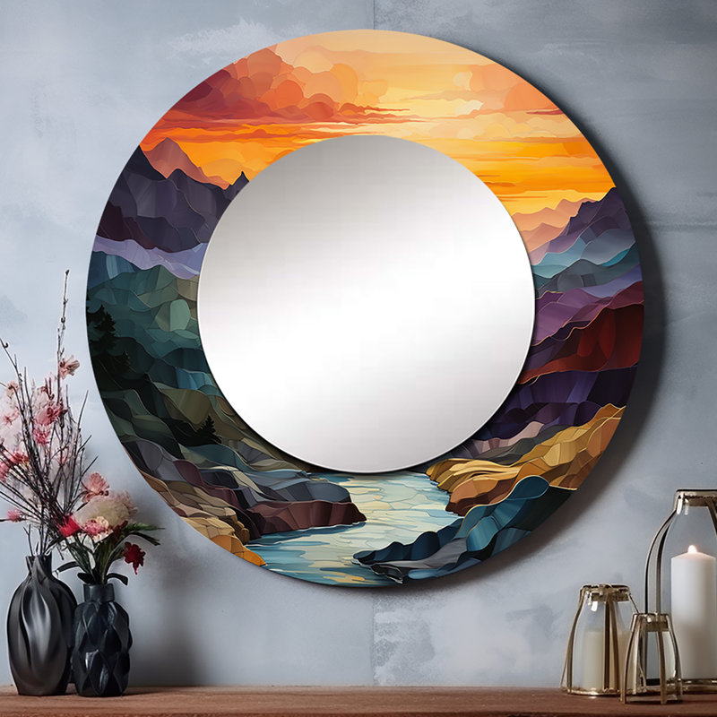 Shannelle Orange Teal Mountains Bold Landscape - Mountains Wall Mirror, Traditional Round Decorative Mirror, Printed Metal Art