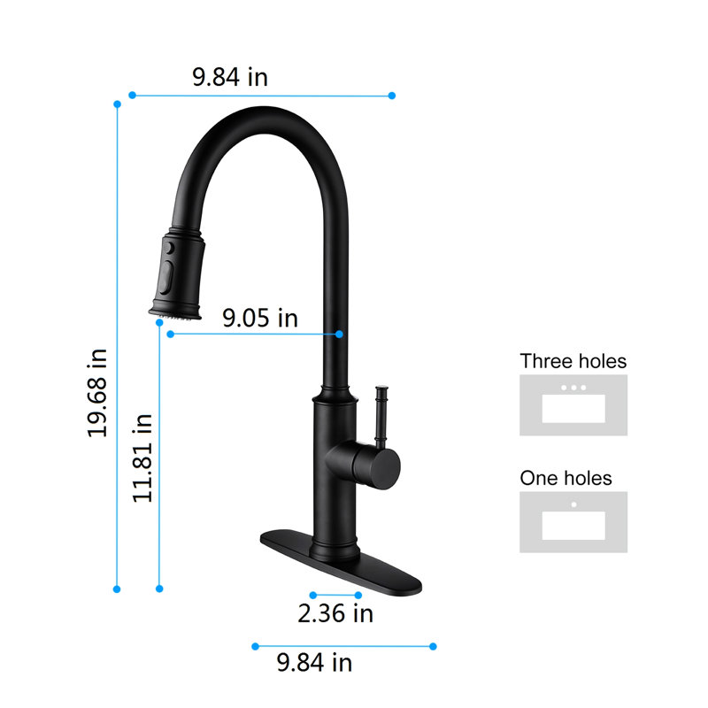 Robinet de cuisine avec douchette escamotable, fabrication en acier inoxydable noir mat, profondeur de 12,2 po, largeur de 25,6 po, hauteur de 2,6 po, poids de 5,8 lb,