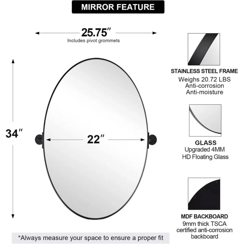 Miroir de salle de bain mural inclinable | Cadre pivotant réglable en acier inoxydable, Noir mat, 34 po x 22 po
