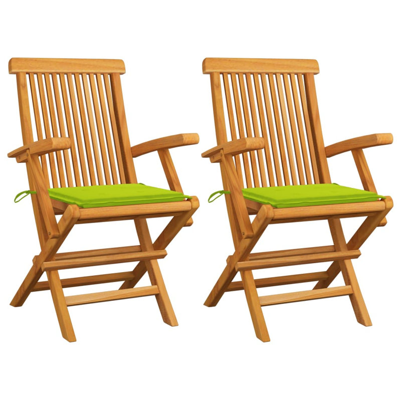  Chaises de patio avec coussins vert vif, 2 pièces en bois de teck massif