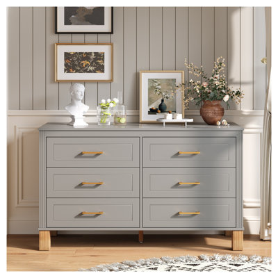 Commode double moderne à 6 tiroirs avec pieds en bois massif, armoire de rangement Mid-Century