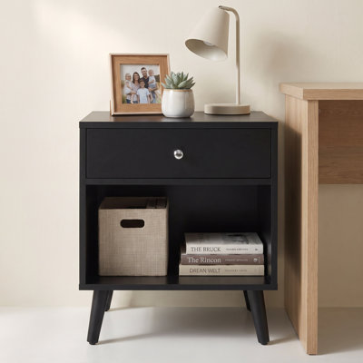 Table de chevet moderne pour petits espaces avec tiroir et étagère de rangement Hanson, table de bout Mid-Century de 22,6 po de hauteur avec pieds en bois massif Hanson