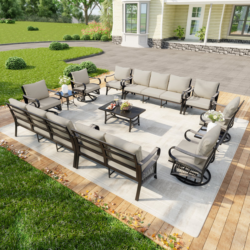 Ensemble de conversation pour 14 personnes avec 4 chaises pivotantes et coussin beige, Blanc cassé