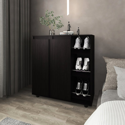 Rangement à 3 niveaux pour chaussures et accessoires, panneau de particules compact, finition blanche pour les espaces de vie principaux