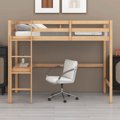 Lit mezzanine simple taille haute (bois d'hévéa) - barrière de sécurité, bureau intégré et échelle