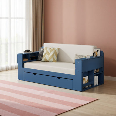 Lit de jour avec bureau amovible, tiroirs de rangement et table d'appoint hydraulique