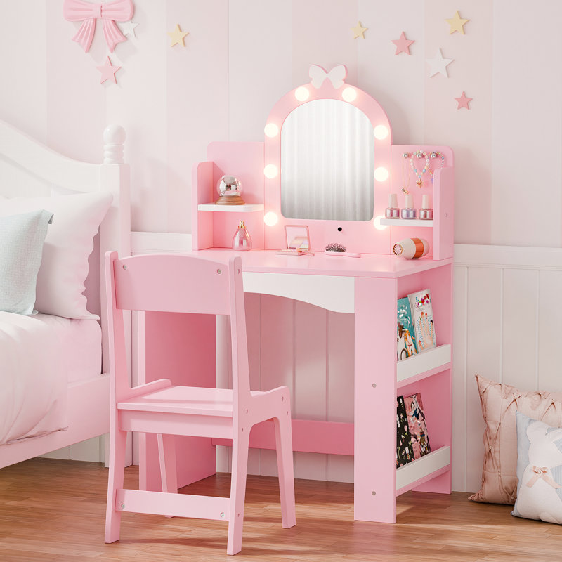 Coiffeuse pour enfants avec lumières, bureau de coiffeuse avec bibliothèque ouverte Princess, Rose