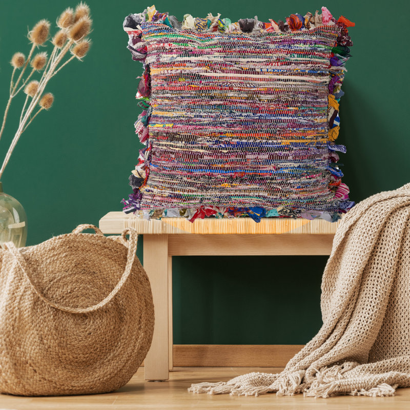 Multicolor Striped Hand-Woven Chindi Floor Pillow, 26" x 26"