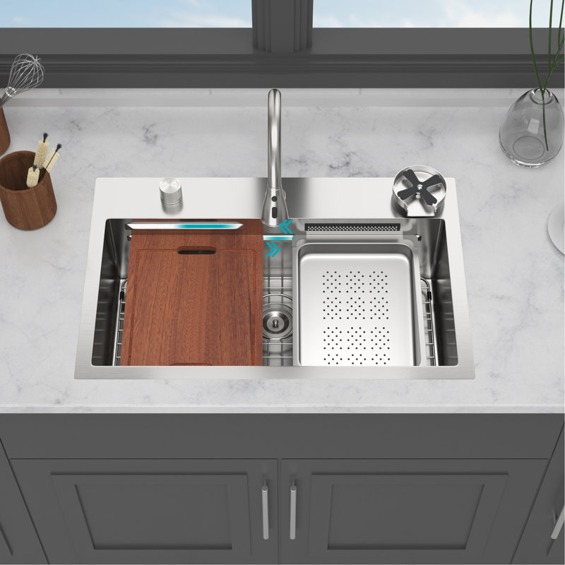 31.5" Drop In Waterfall Kitchen Sink - 31.5 X 21 Inch Single Bowl 16 Gauge Stainless Steel Ledge Workstation Kitchen Sinks With Pull-Out Faucet & Cup Washer