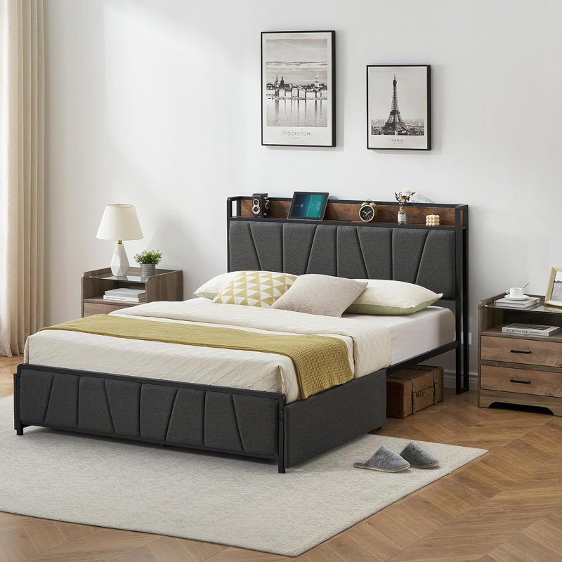 Queen Upholstered Bed Frame with Storage Headboard, Drawers & USB Charging, Queen