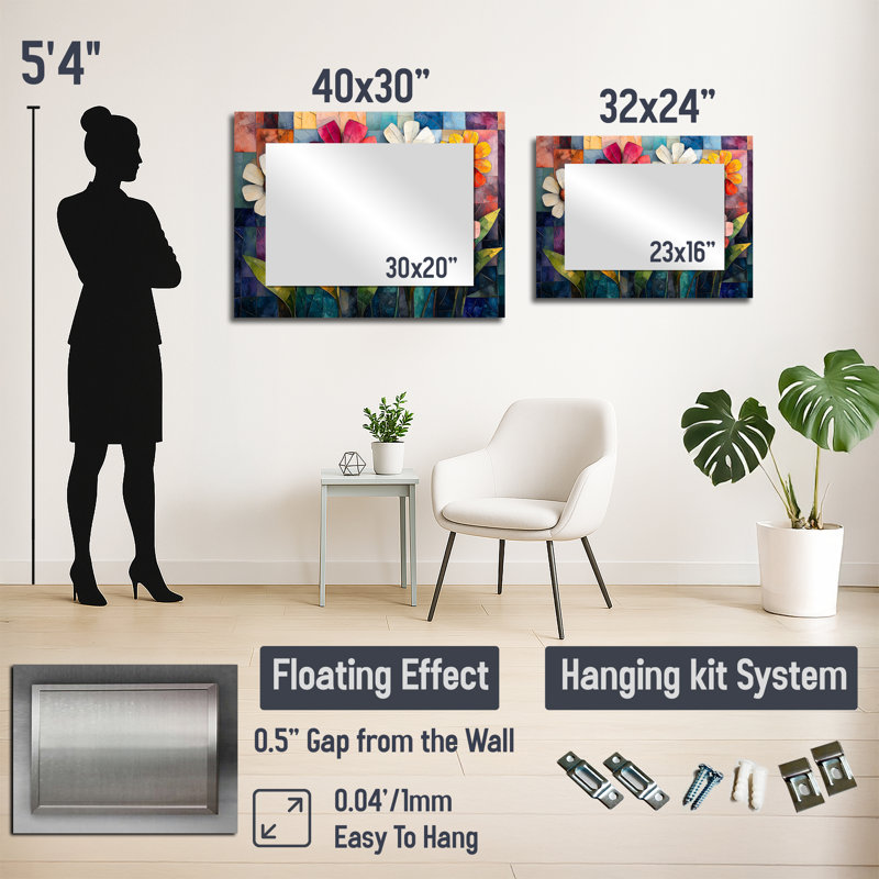 Géométrique prairie aux teintes mélangées Wildflower Cubist I - miroir décoratif traditionnel, art mural, 24 po x 32 po