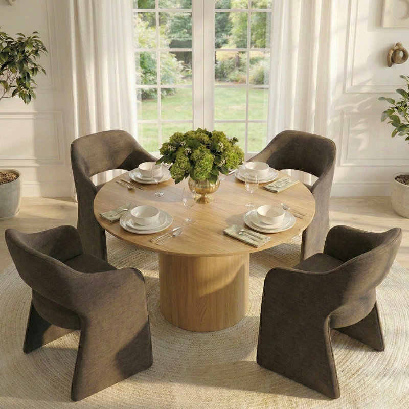 Ensemble de table de salle à manger pour 4 personnes avec table ronde et 4 chaises rembourrées imperméables, Jaune, Brun