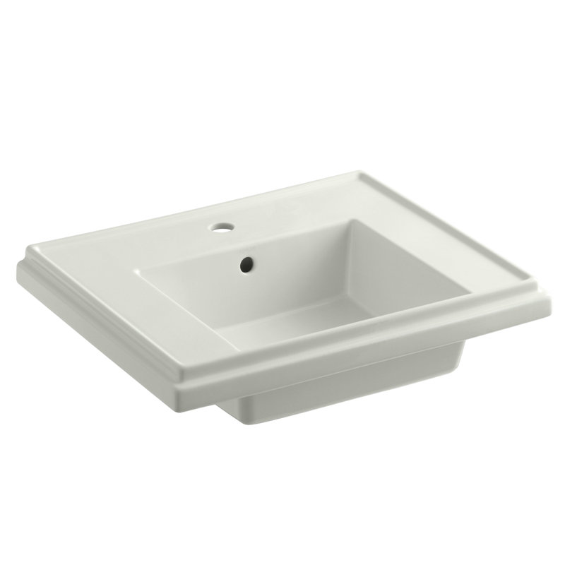 Tresham Ceramic 24" Pedestal Bathroom Sink with Overflow, Dune, Widespread Faucet
