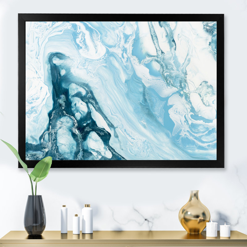 Vague bleue liquide - peinture sur toile, H 12 po x l 20 po, Cadre photo noir
