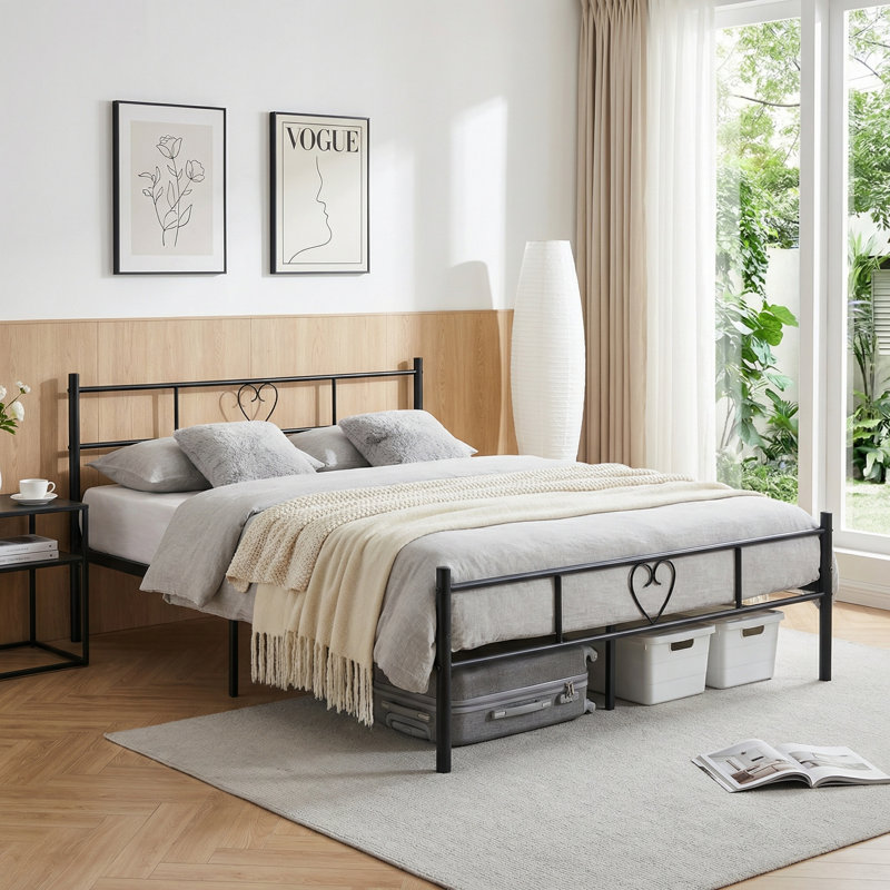 Aaru Heart Design Metal Bed Frame with Headboard & Footboard, European Single (90 x 200cm), Black