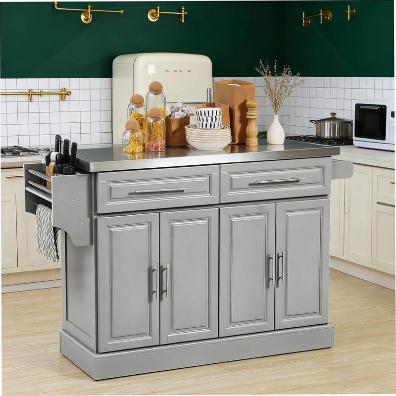 Îlot de cuisine sur roulettes avec 2 tiroirs, porte-épices, couteau et porte-serviettes, gris