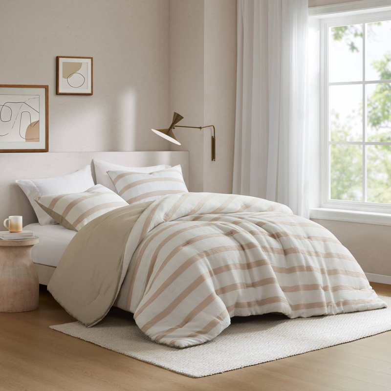 Édredon rayé teint en fil, Édredon grand et 2 taies décoratives, Taupe/White