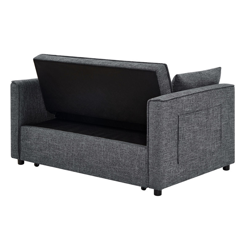 Lit convertible à 2 places, gris avec lit escamotable dissimulé, dossier pliable et poches latérales pour magazines, petite chambre d'amis convenant à un espace de vie compact