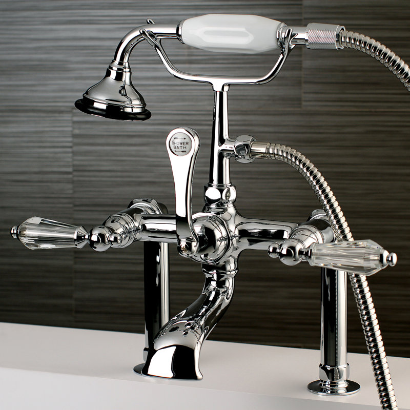 Kingston Brass Wilshire Three-Handle 2-Hole Deck Mount Clawfoot Tub Faucet with Hand Shower, Chrome
