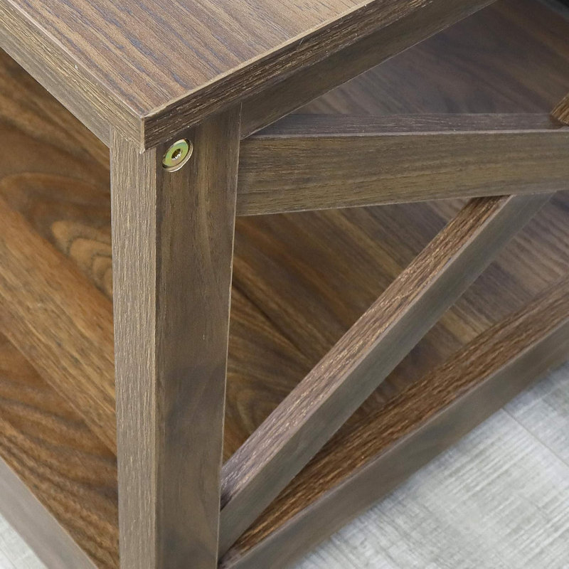 Table basse Modern Farmhouse avec tablette de rangement à 2 niveaux, construction en bois robuste, structure en X, finition noyer foncé