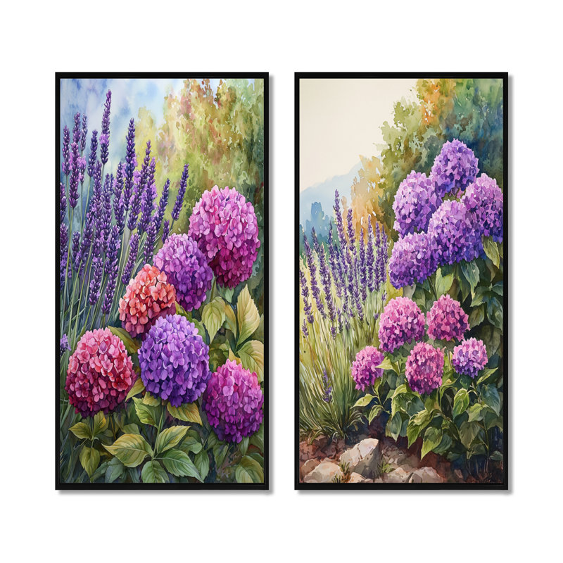 Hortensias et jardin de lavande I - impressions sur toile florales 2 panneaux, H 28 po x l 25 po, Cadre flottant noir