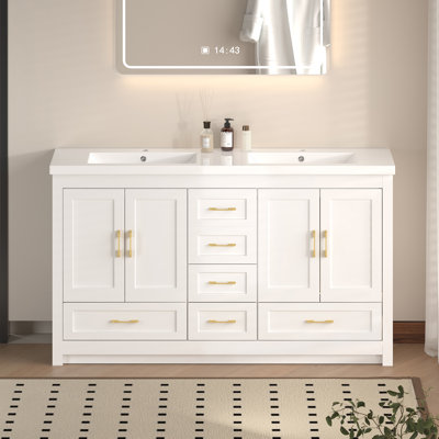 60'' Bathroom Vanity with Sink and Countertop, 4 Soft-Close Doors and 6 Drawers, Freestanding Bathroom Cabinet with Ample Storage, White