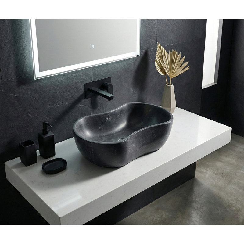 Dark Grey Natural Marble Vessel Sink, 23.6" Organic Wavy Shape, One - Piece , Matte Finish For Bathroom Famous Appearance Crucial