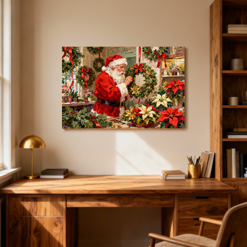 Couronne de Noël père Noël avec poinsettias et verdure, H 24 po x l 36 po