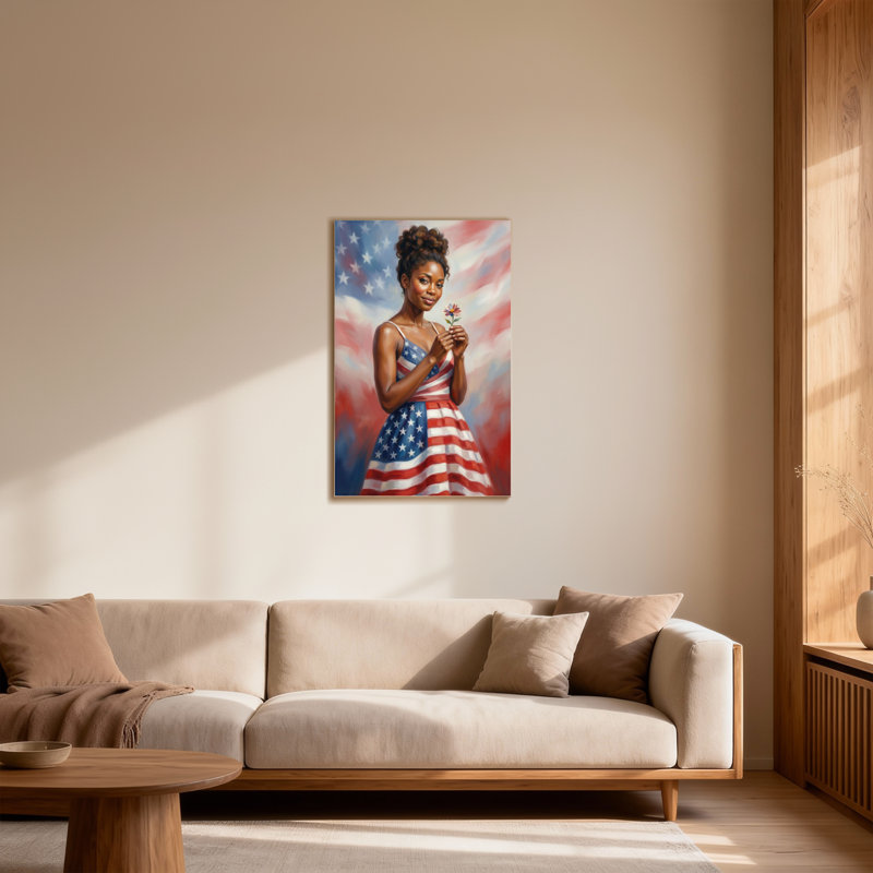 Tendance avec drapeau américain, femme tenant une fleur, H 18 po x l 12 po