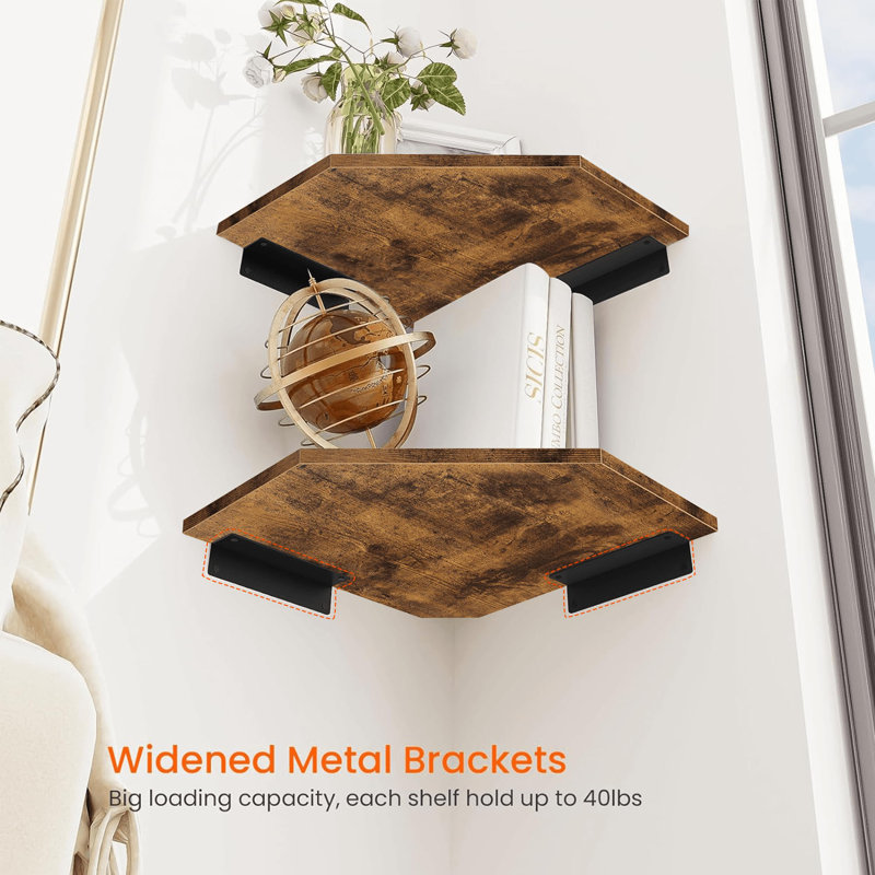Set Of 4 Heavy Duty Rustic Corner Shelves With Cable Management - Ideal For Stylish Storage, Brown