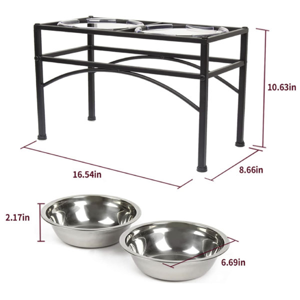 Pit Stop Pet Food Bowls with Stand, Puppy Dog Feeding Bowls with Non-Skid Wooden Stand, Set of 2 Stainless Steel Food and Water Bowls for Dogs and